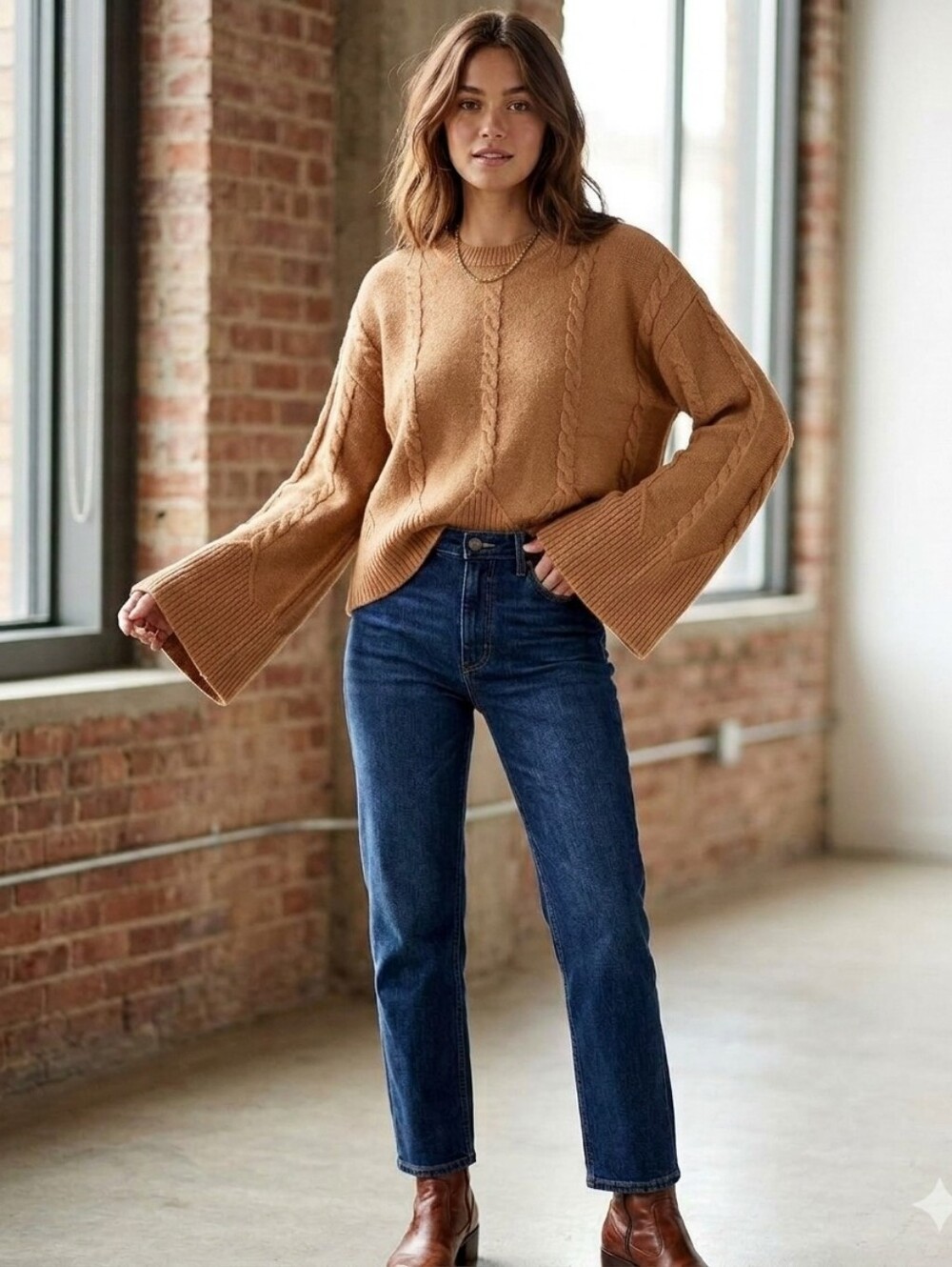 Marled Cable Knit Crewneck Sweater in Camel New